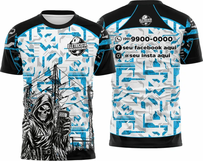 Camisa unissex branca com logo no peito e estampa grande nas costas com tema eletricista