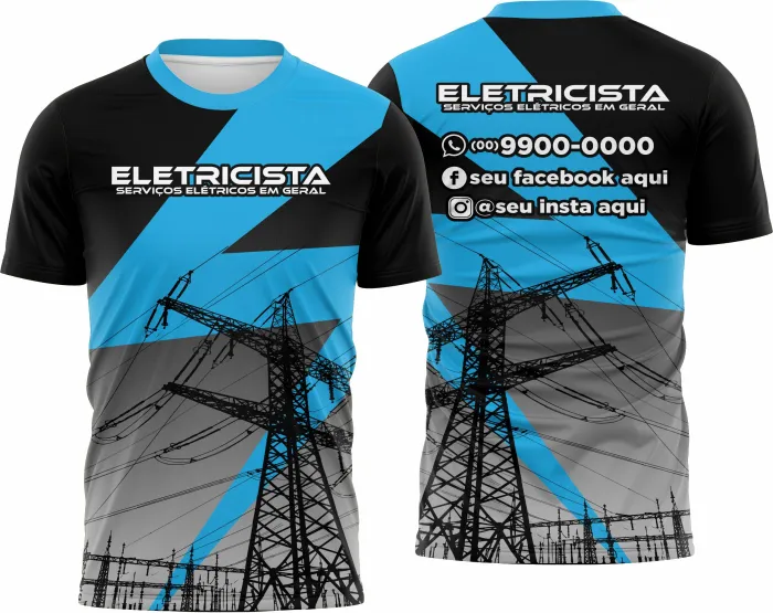 Camiseta unissex branca com logo no peito e estampa grande nas costas com tema eletricista