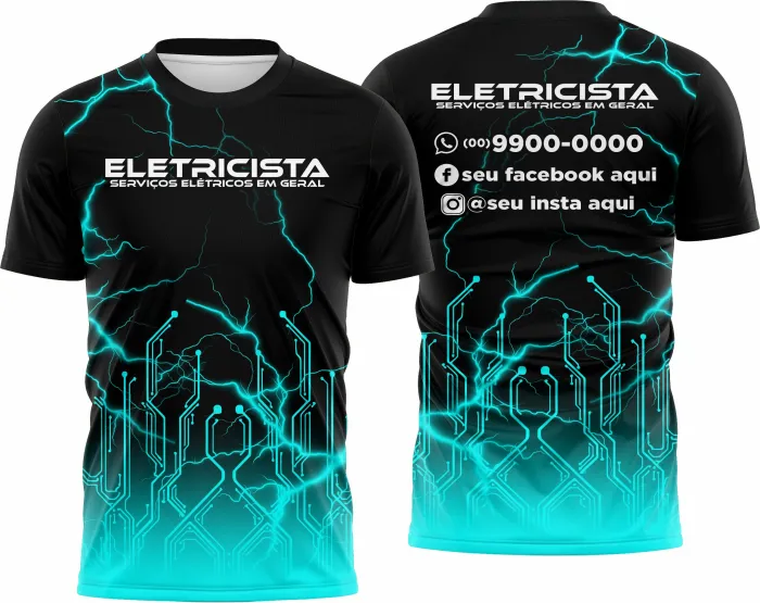 Camiseta unissex branca com logo no peito e estampa grande nas costas com tema de eletricista