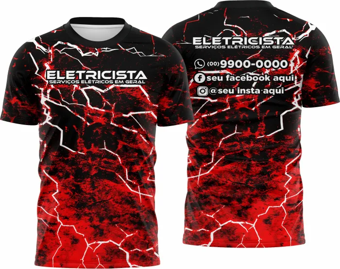 Camiseta unissex branca com logo no peito e estampa grande nas costas com tema de eletricista