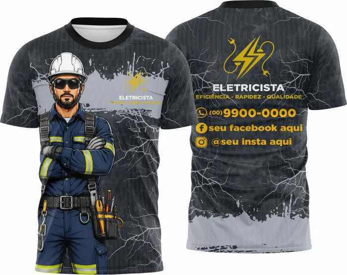 Camiseta unissex branca com logo no peito e estampa grande nas costas com tema de eletricista