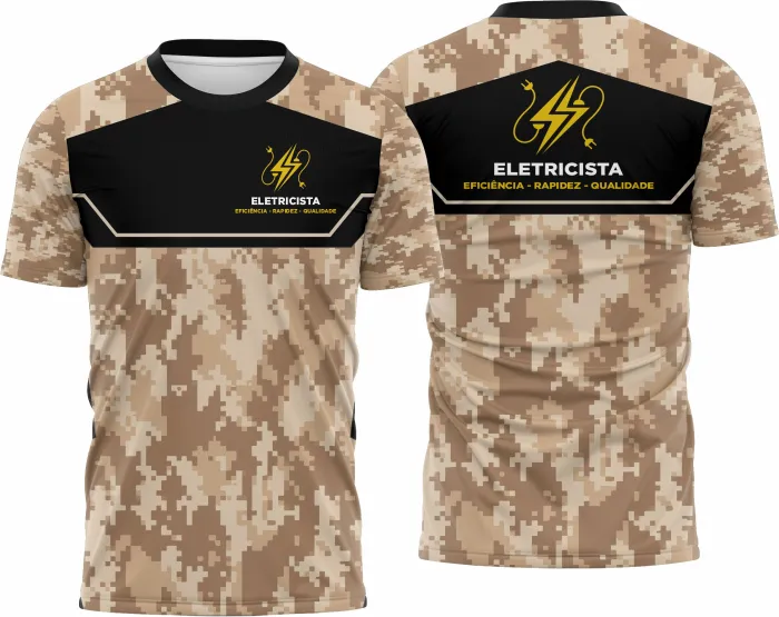 Camiseta unissex branca com logo no peito e estampa grande nas costas com tema eletricista, design moderno e atraente