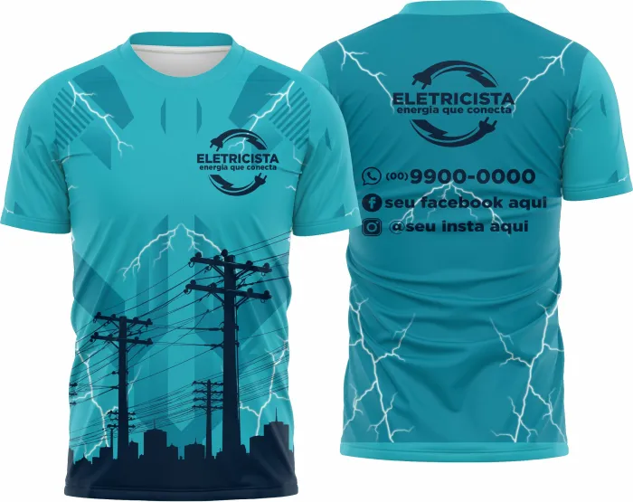 Camiseta unissex branca com logo no peito e estampa grande nas costas com tema eletricista