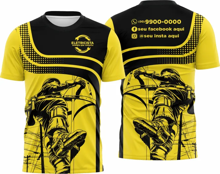 Camiseta unissex branca com logo no peito e estampa grande nas costas com tema de eletricista, estilo moderno e profissional