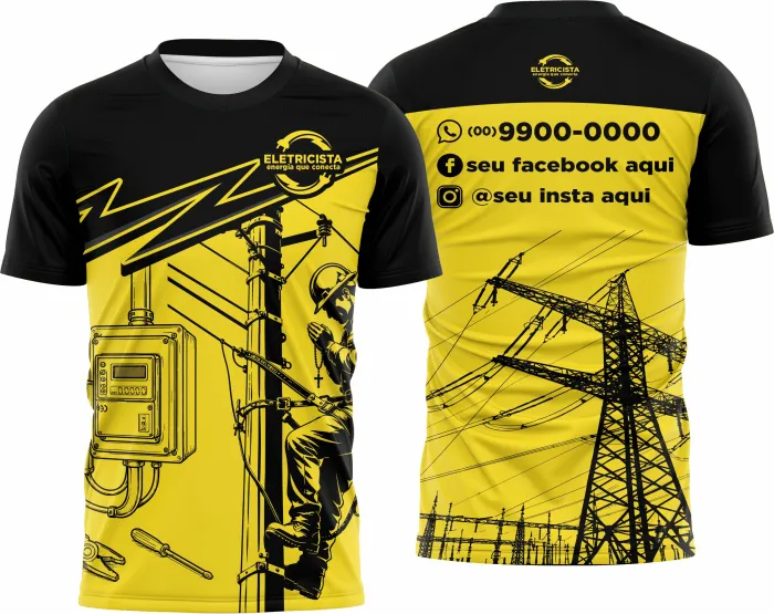 Camiseta unissex branca com logo no peito e estampa grande nas costas com tema de eletricista
