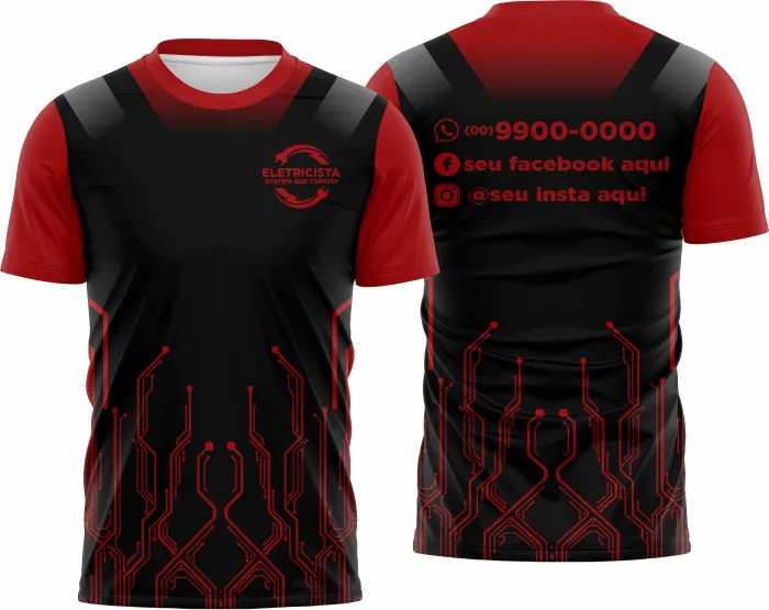 Camiseta unissex branca com logo no peito e estampa grande nas costas com tema eletricista