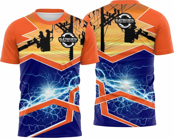 Camiseta unissex branca com logo no peito e estampa grande nas costas com tema de eletricista, ideal para uso casual e profissional