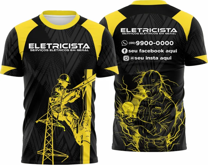 Camiseta unissex branca com logo no peito e estampa grande nas costas com tema eletricista