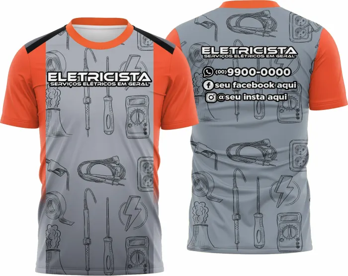 Camiseta unissex branca com logo no peito e estampa grande nas costas com tema eletricista profissional