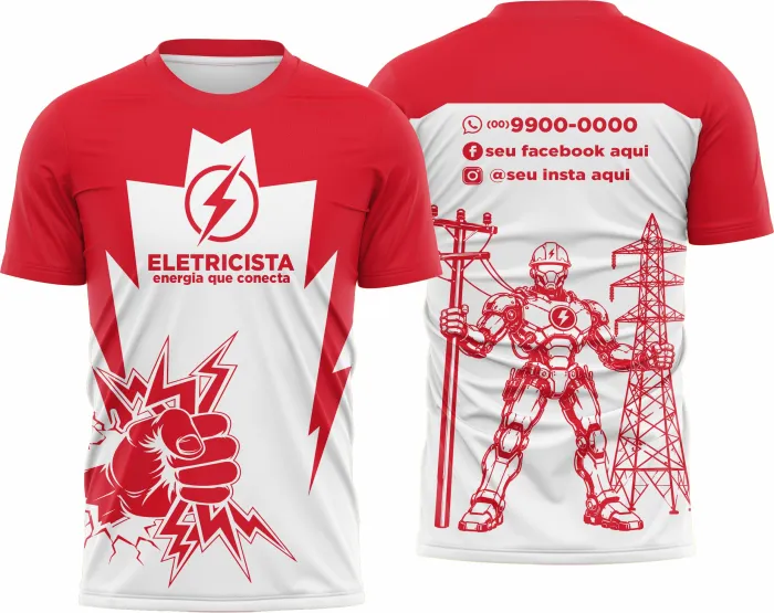 Camiseta unissex branca com logo no peito e estampa grande nas costas com tema de eletricista
