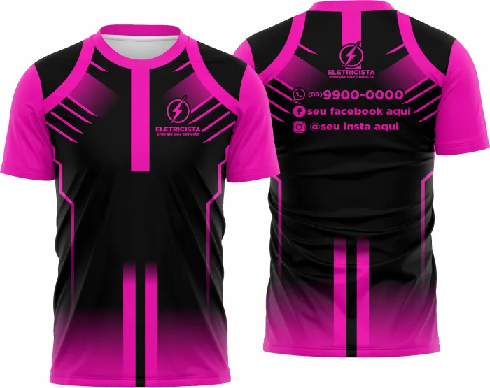 Camiseta unissex branca com logo no peito e estampa grande nas costas com tema de eletricista