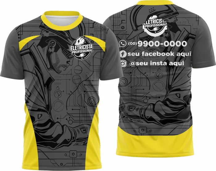 Camiseta unissex branca com logo no peito e estampa grande nas costas com tema eletricista