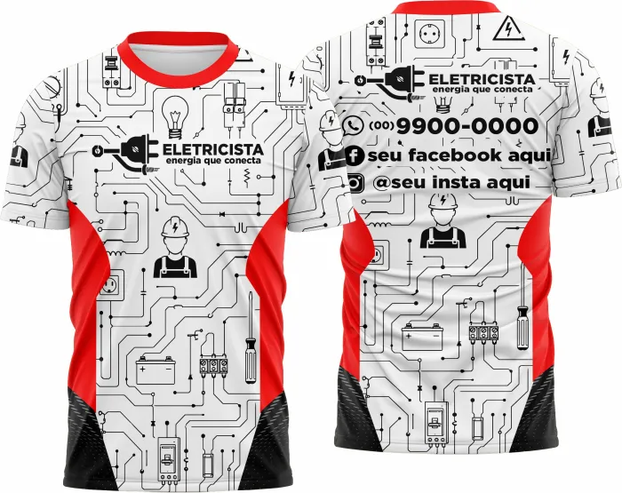 Camiseta unissex branca com logo no peito e estampa grande nas costas com tema de eletricista profissional