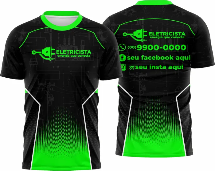 Camiseta unissex branca com logo no peito e estampa grande nas costas com tema de eletricista e ferramentas