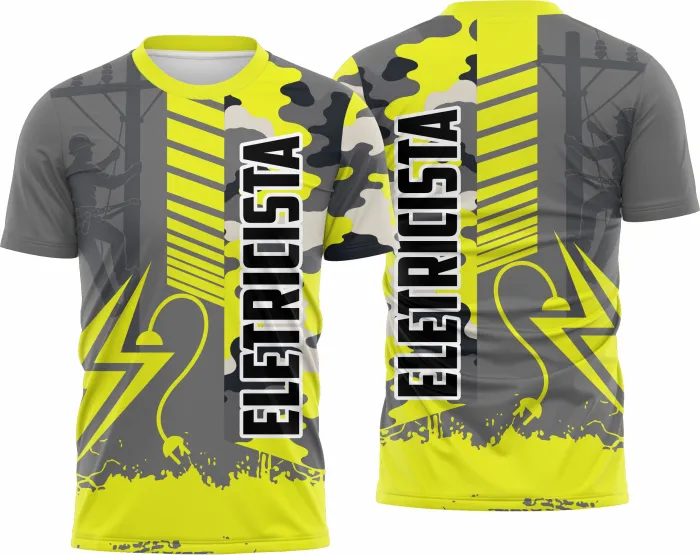 Camiseta unissex branca com logo no peito e estampa grande nas costas com tema eletricista