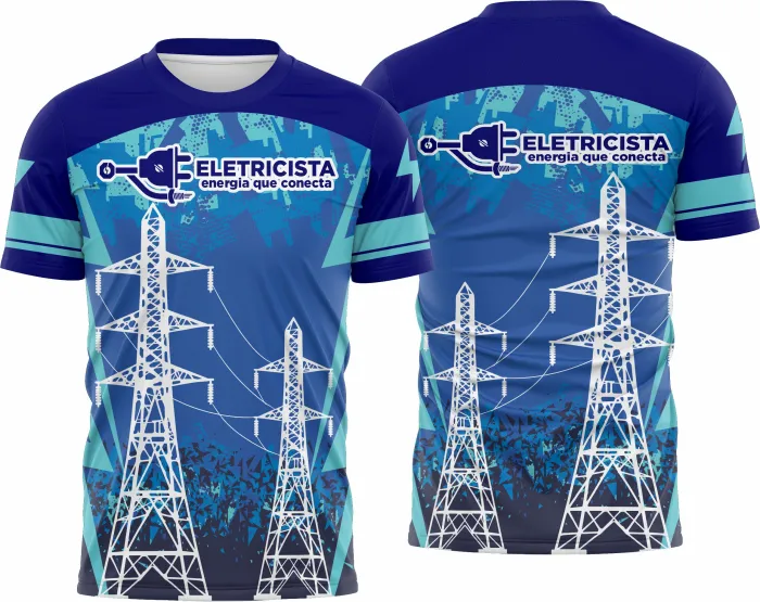 Camiseta unissex branca com logo no peito e estampa grande nas costas com tema de eletricista, destacando ferramentas e símbolos da profissão