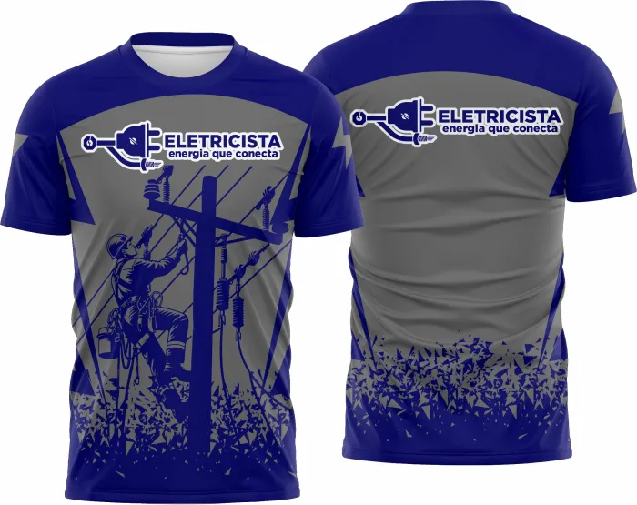 Camiseta unissex branca com logo no peito e estampa grande nas costas com tema de eletricista