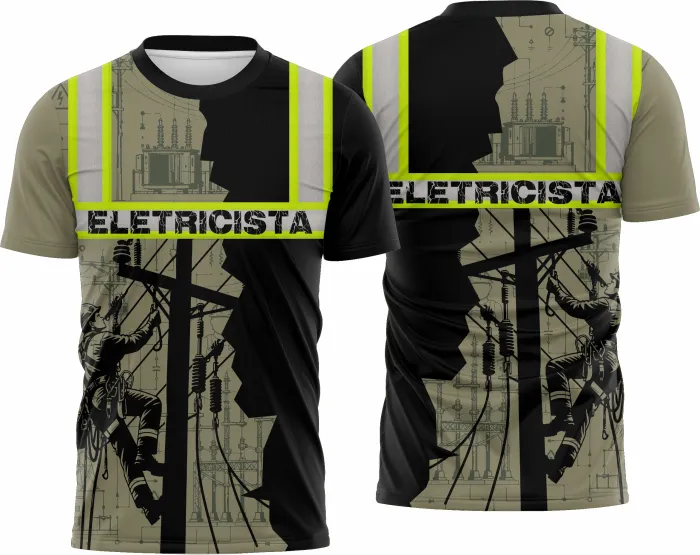 Camiseta unissex branca com logo no peito e estampa grande nas costas com tema de eletricista