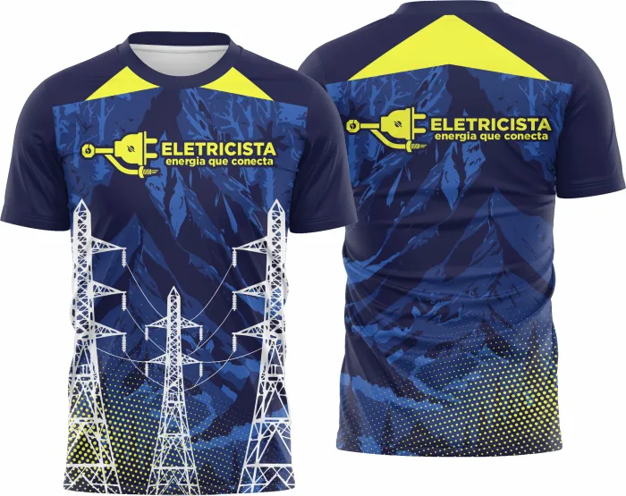 Camiseta unissex branca com logo no peito e estampa grande nas costas com tema de eletricista, design moderno e profissional