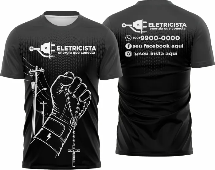 Camiseta unissex branca com logo no peito e estampa grande nas costas com tema de eletricista