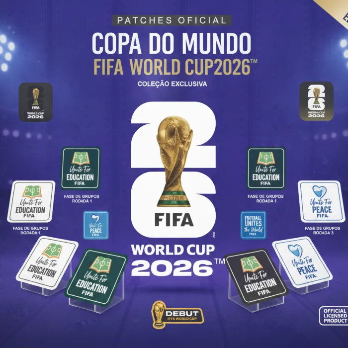 Patch redondo preto com detalhes coloridos da Copa do Mundo 2026 aplicado em jaqueta unissex, estilo esportivo e moderno