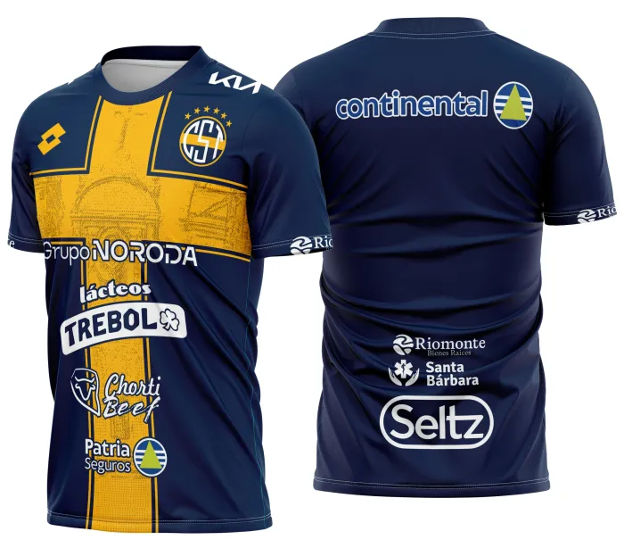 Foto da camiseta unissex branca com logo no peito e estampa grande nas costas baseada no Sportivo Trinidense Kit Casa 2026, design esportivo e moderno