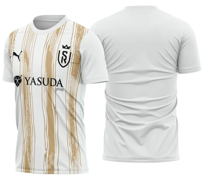 Camiseta unissex preta com logo no peito e estampa grande nas costas do uniforme reserva Stade Reims 25-26, ideal para fãs e colecionadores do time francês.