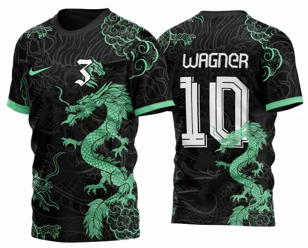 Camiseta unissex preta com logo no peito e estampa grande nas costas destacando o tema Futebol Dragao Sd, perfeita para torcedores e amantes do futebol com estilo moderno e marcante.