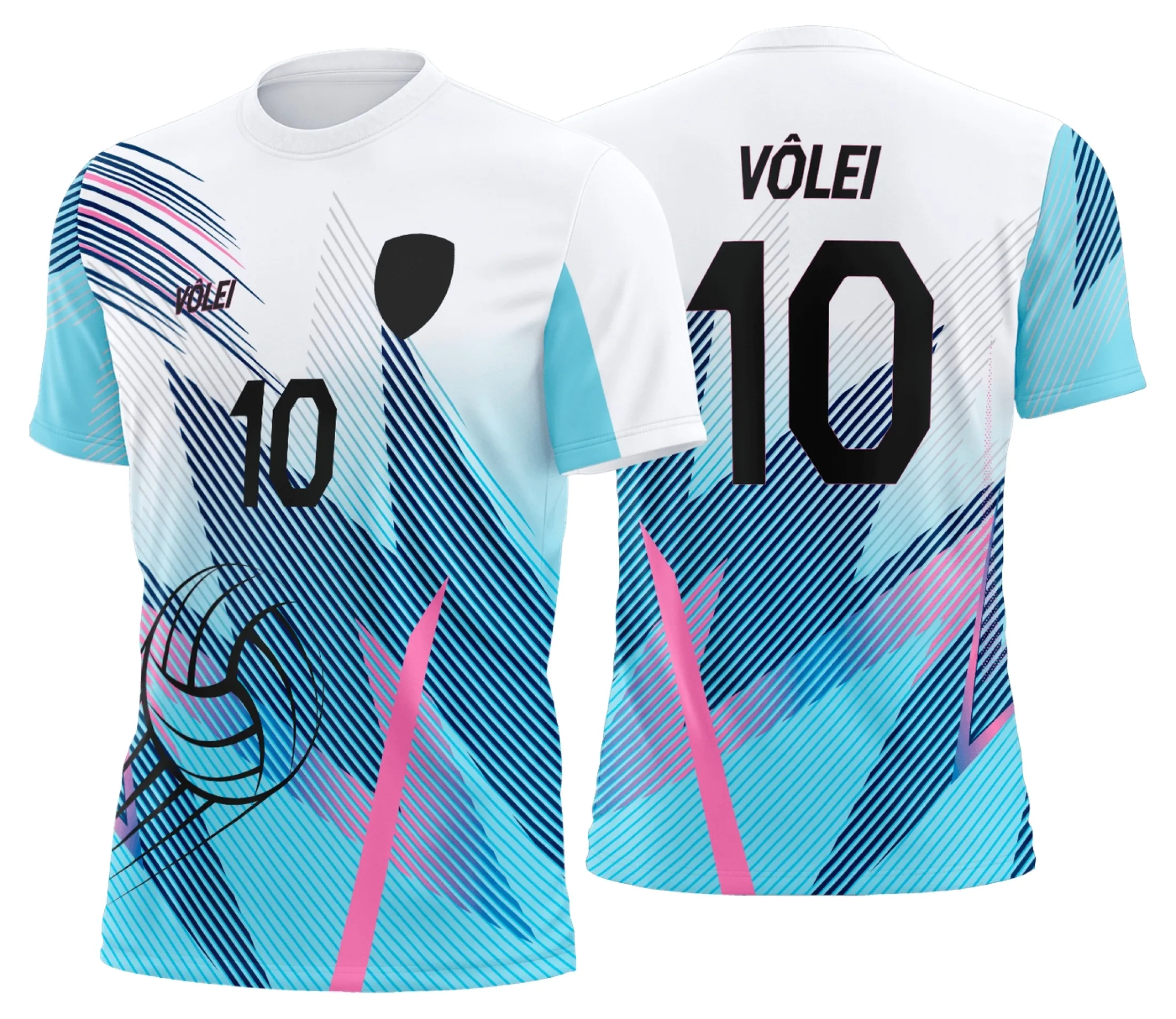 Camiseta unissex preta com logo no peito e estampa grande nas costas do uniforme de vôlei personalizado profissional, ideal para jogos e treinos.