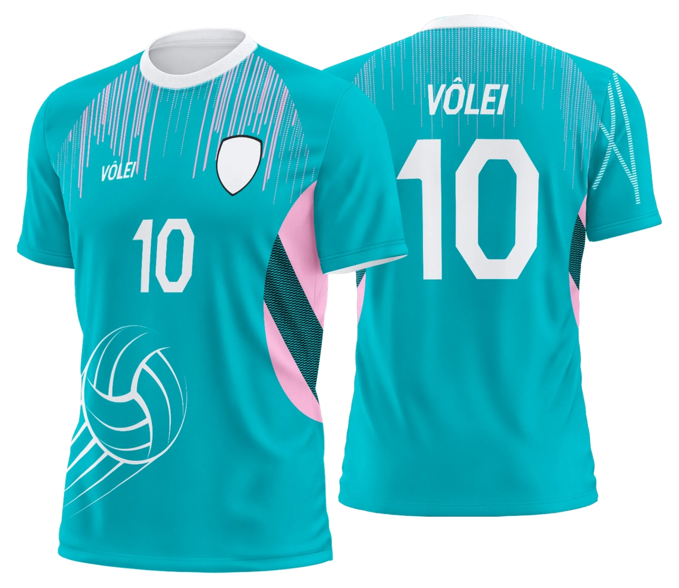 Camisa unissex preta com logo no peito e estampa grande nas costas destacando uniforme de vôlei personalizado profissional, ideal para times e atletas.