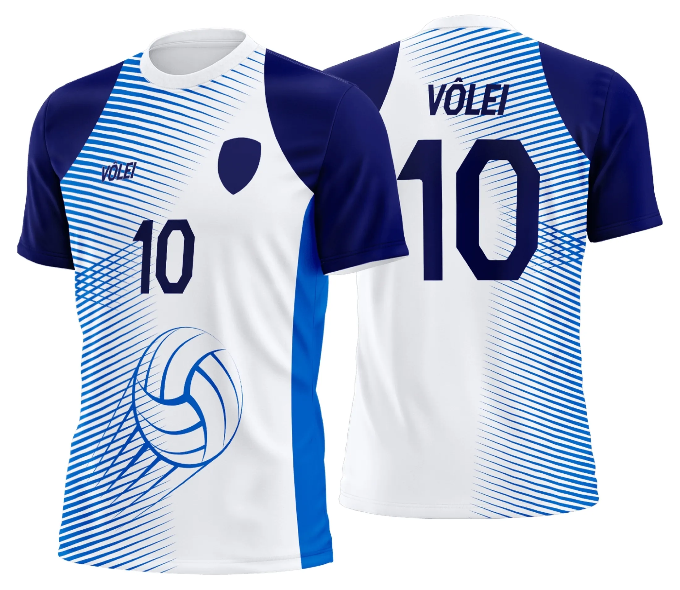 Camiseta unissex branca com logo no peito e estampa grande nas costas inspirada em uniforme de vôlei personalizado profissional, design moderno e esportivo.
