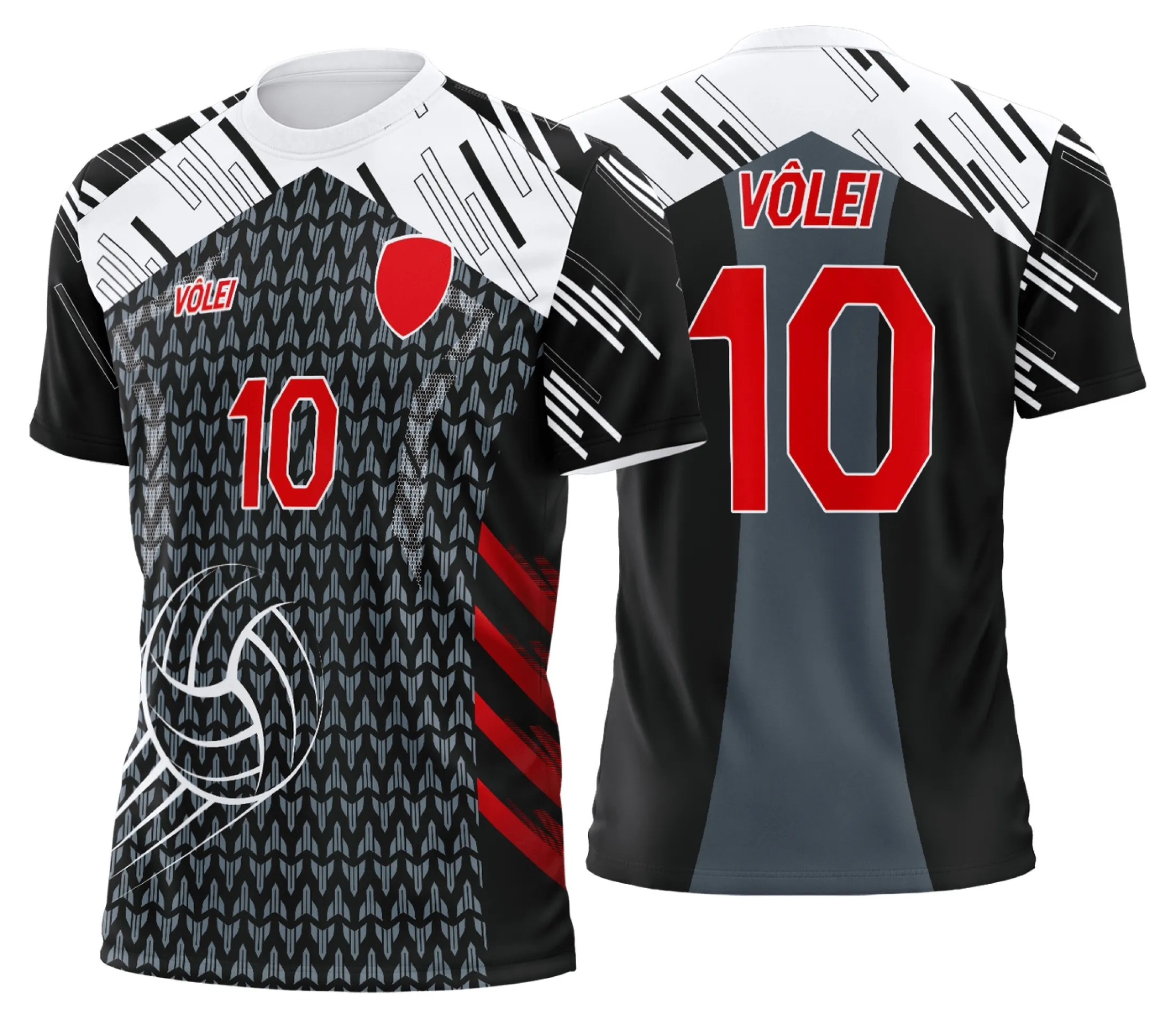 Camisa unissex preta com logo no peito e estampa grande nas costas exibindo uniforme de vôlei personalizado profissional, design moderno e esportivo.