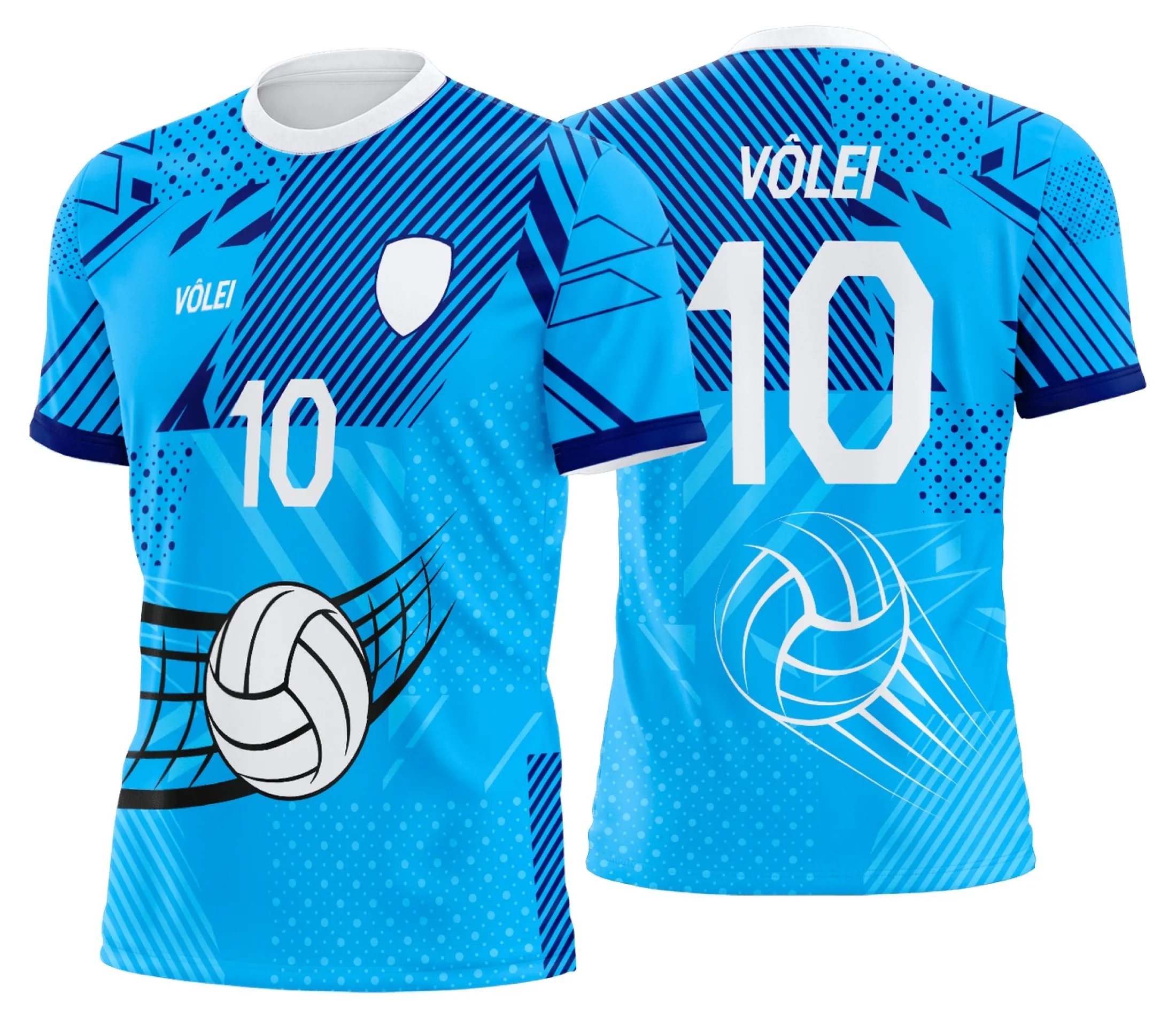Camiseta unissex com cor base branca, logo no peito e estampa grande nas costas com tema de uniforme de vôlei personalizado profissional, ideal para jogadores e equipes.