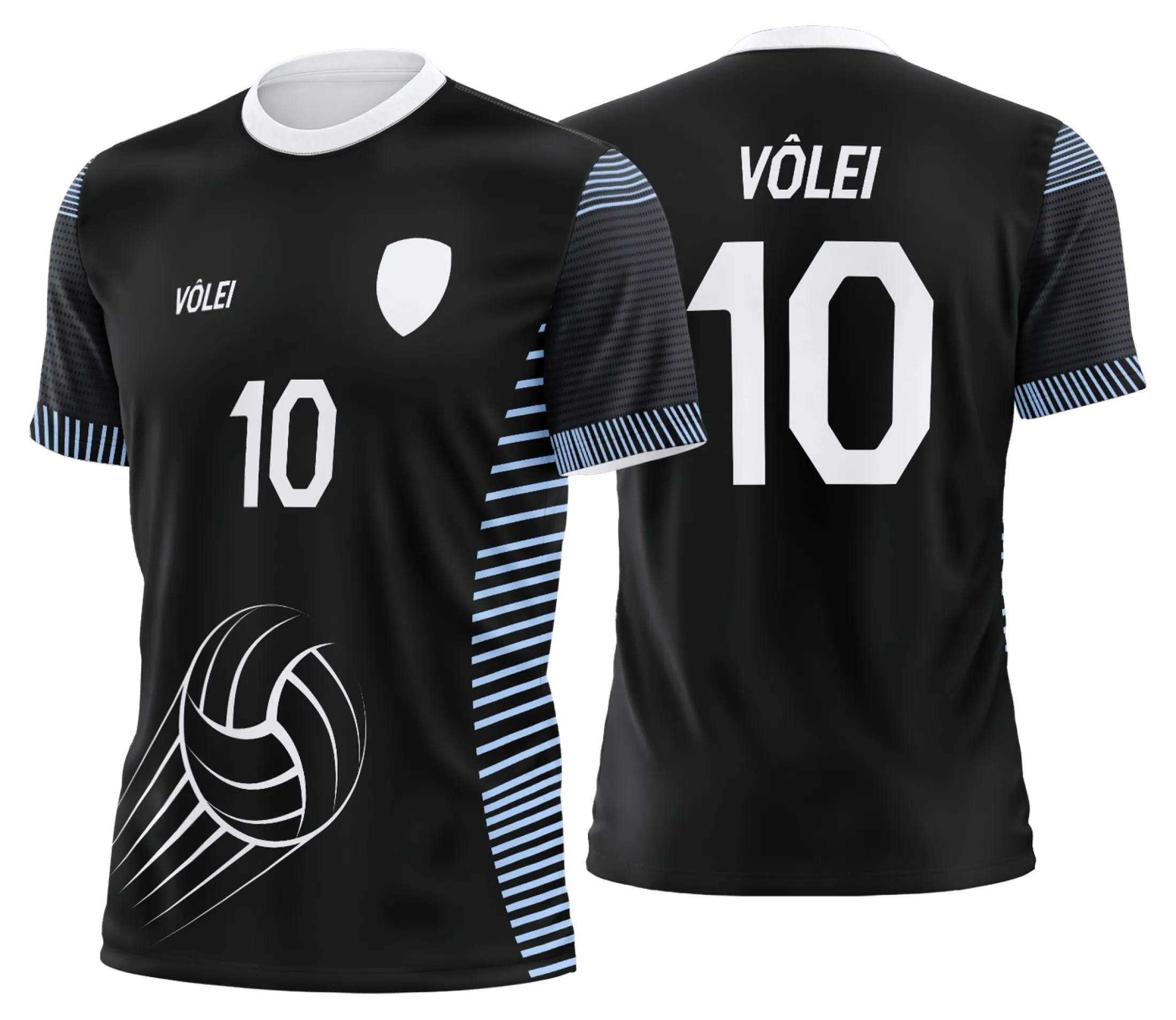 Camisa unissex preta com logo no peito e estampa grande nas costas, uniforme personalizado profissional de vôlei, confortável e moderno para atletas.