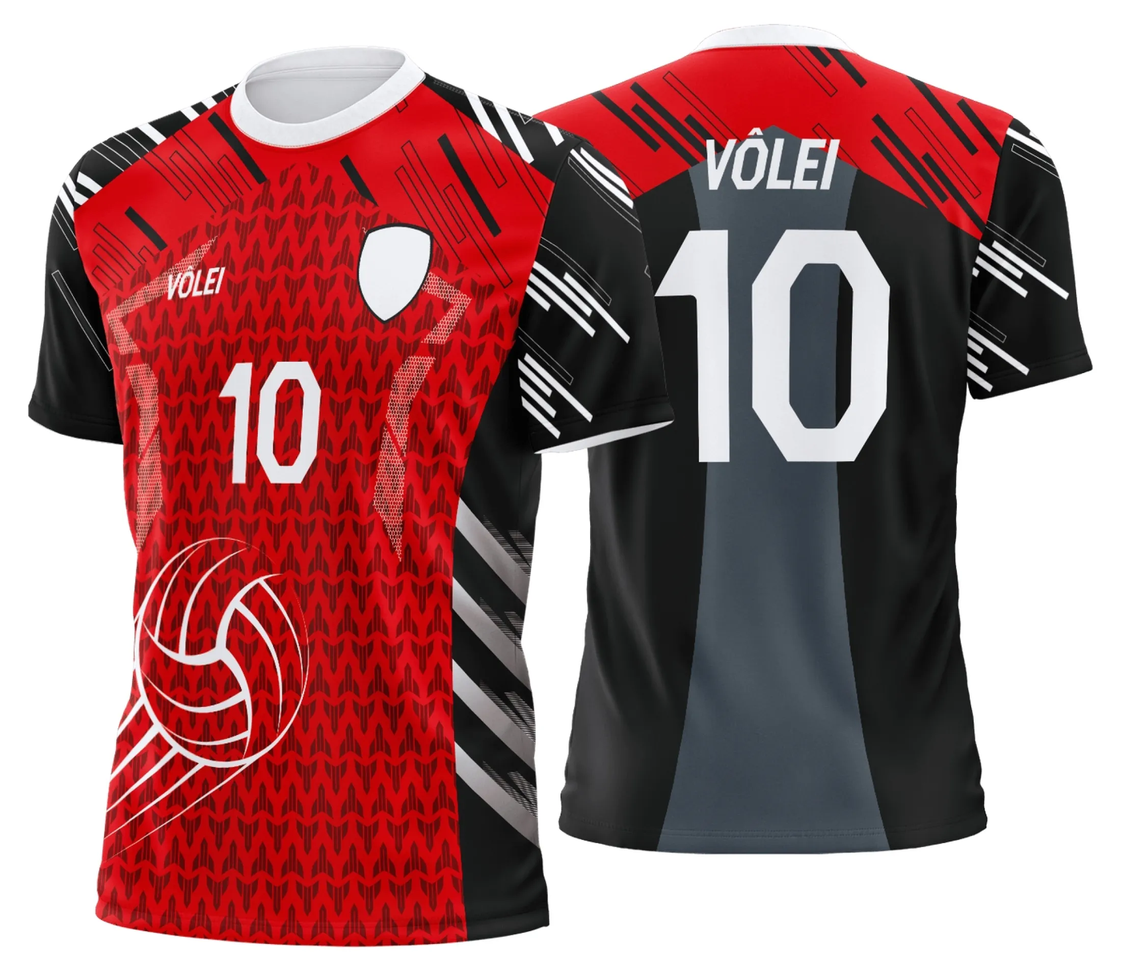 Camiseta unissex preta com logo no peito e estampa grande nas costas, design moderno e personalizado para uniforme de vôlei profissional.