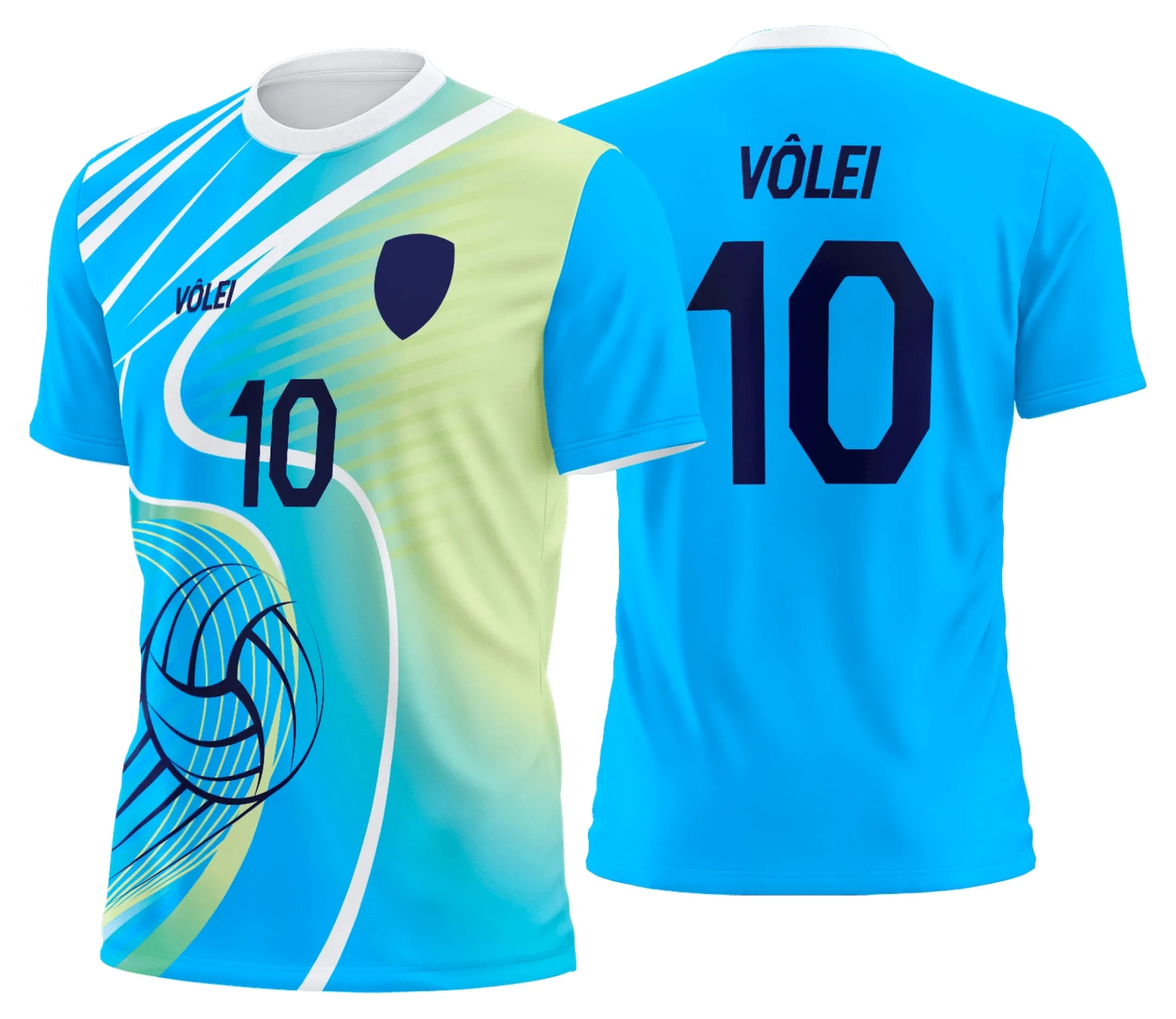 Camiseta unissex branca com logo no peito e estampa grande nas costas com tema uniforme de vôlei personalizado profissional, ideal para times modernos e estilosos.