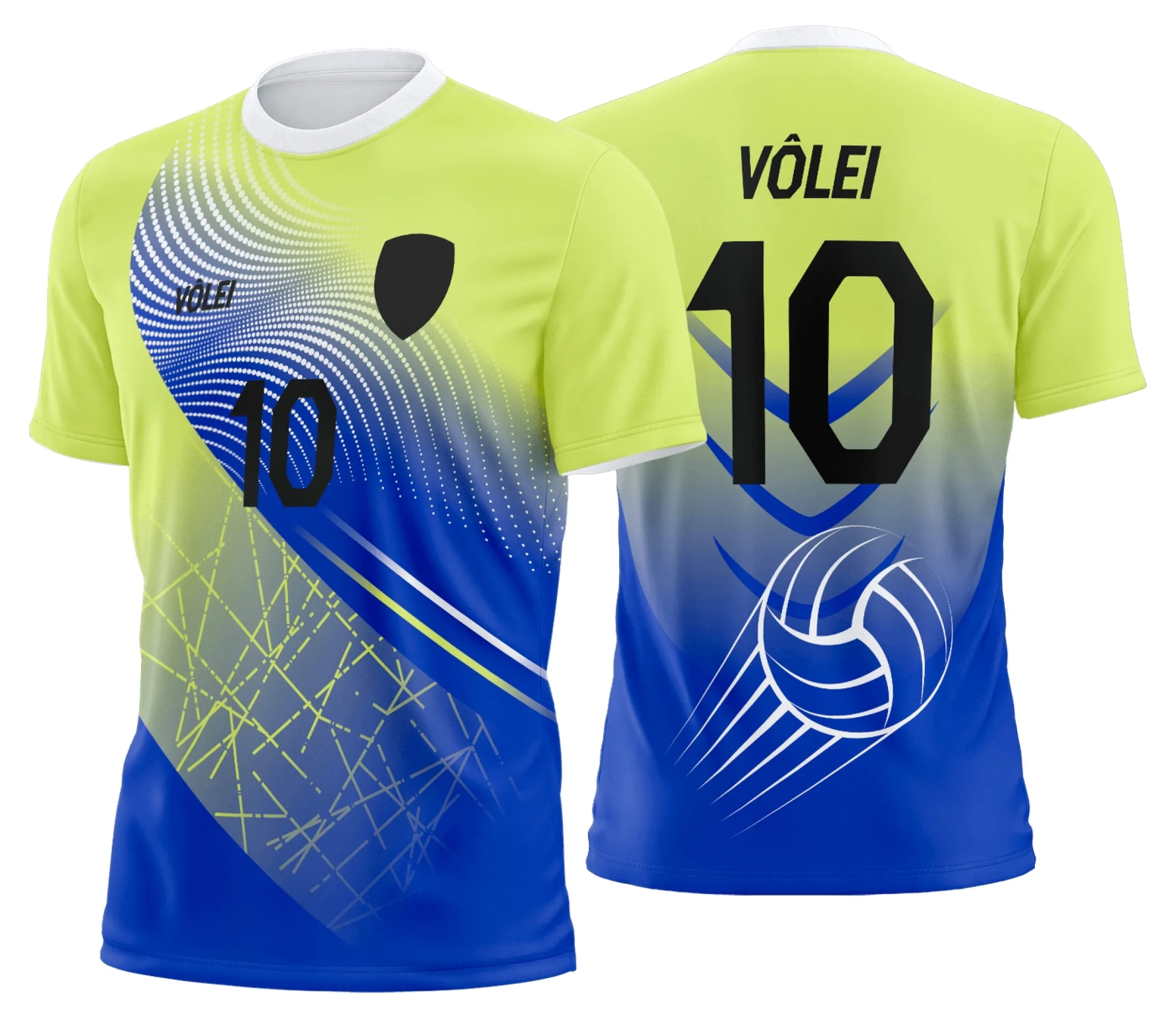 Camiseta unissex branca com logo no peito e estampa grande nas costas com tema Uniforme de Vôlei Personalizado Profissional, ideal para times e eventos esportivos.