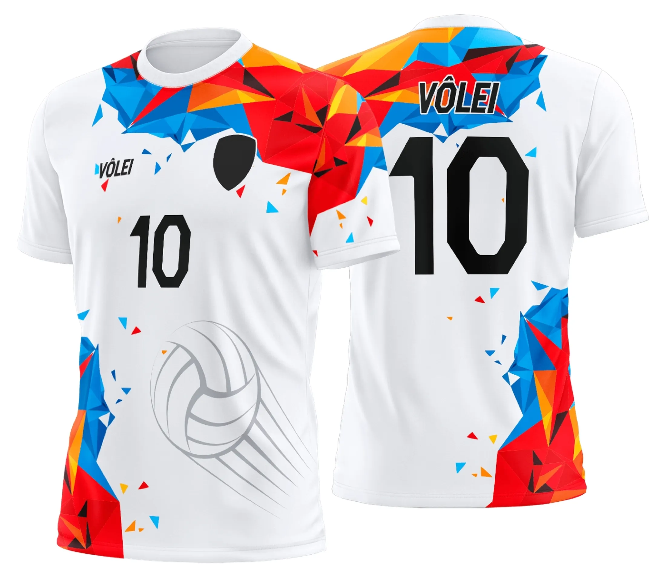 Camiseta unissex preta com logo no peito e estampa grande nas costas mostrando uniforme de vôlei personalizado profissional, ideal para treinamentos e jogos.