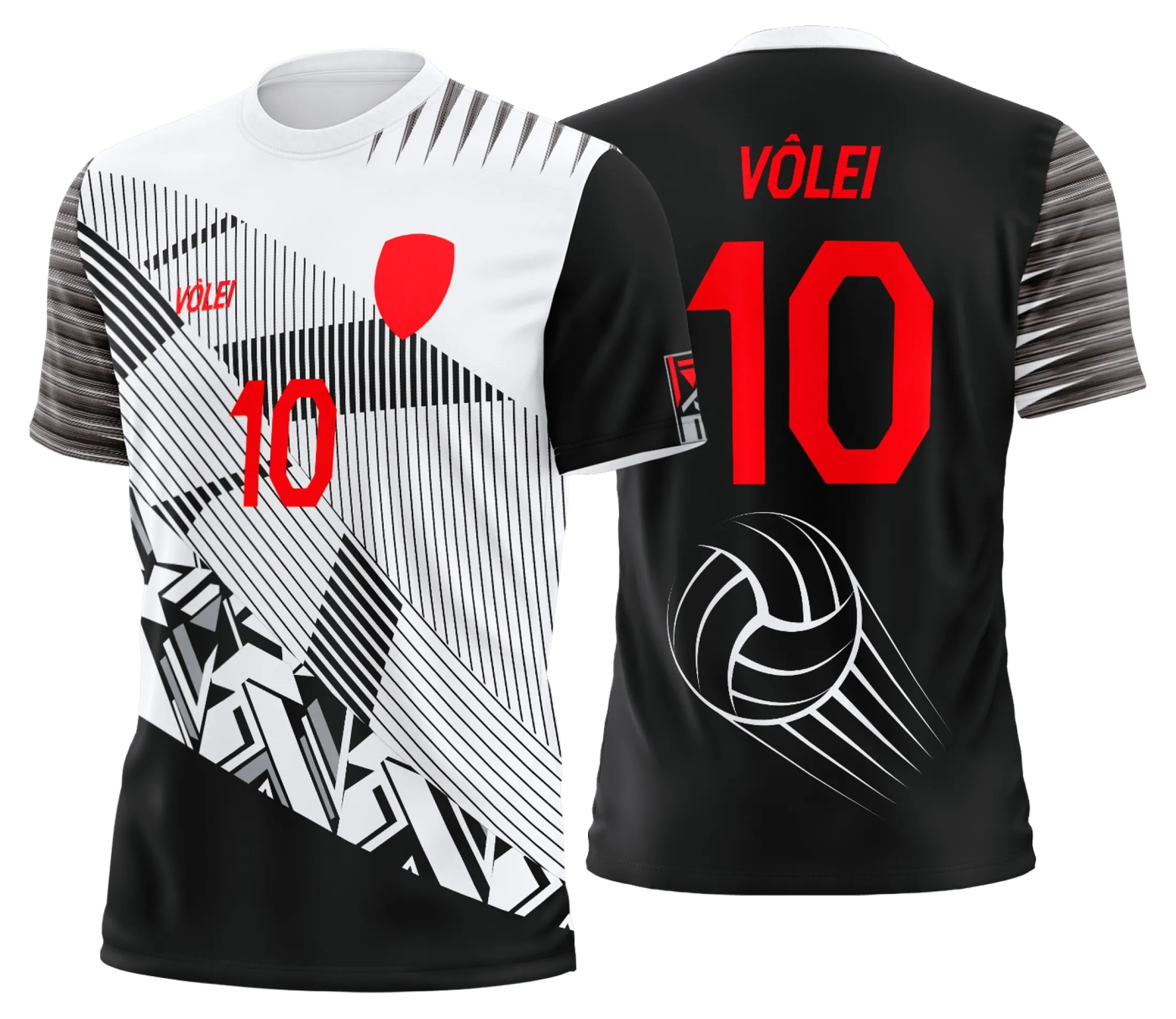 Camiseta unissex branca com logo no peito e estampa grande nas costas temática de uniforme de vôlei personalizado profissional, perfeita para equipe, confortável e com design moderno