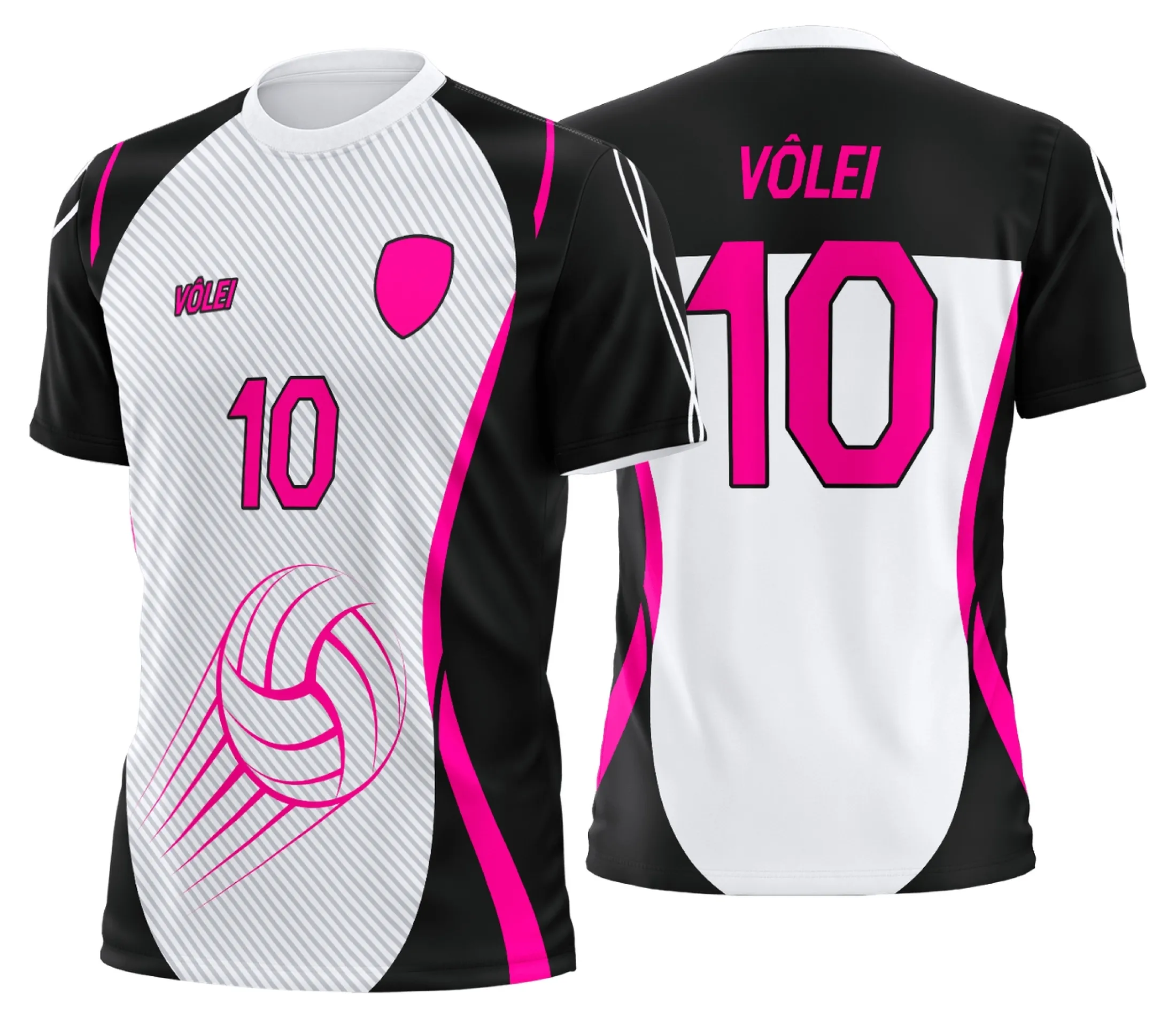 Camiseta unissex preta com logo no peito e estampa grande nas costas, representando uniforme de vôlei personalizado profissional, perfeita para times e atletas.