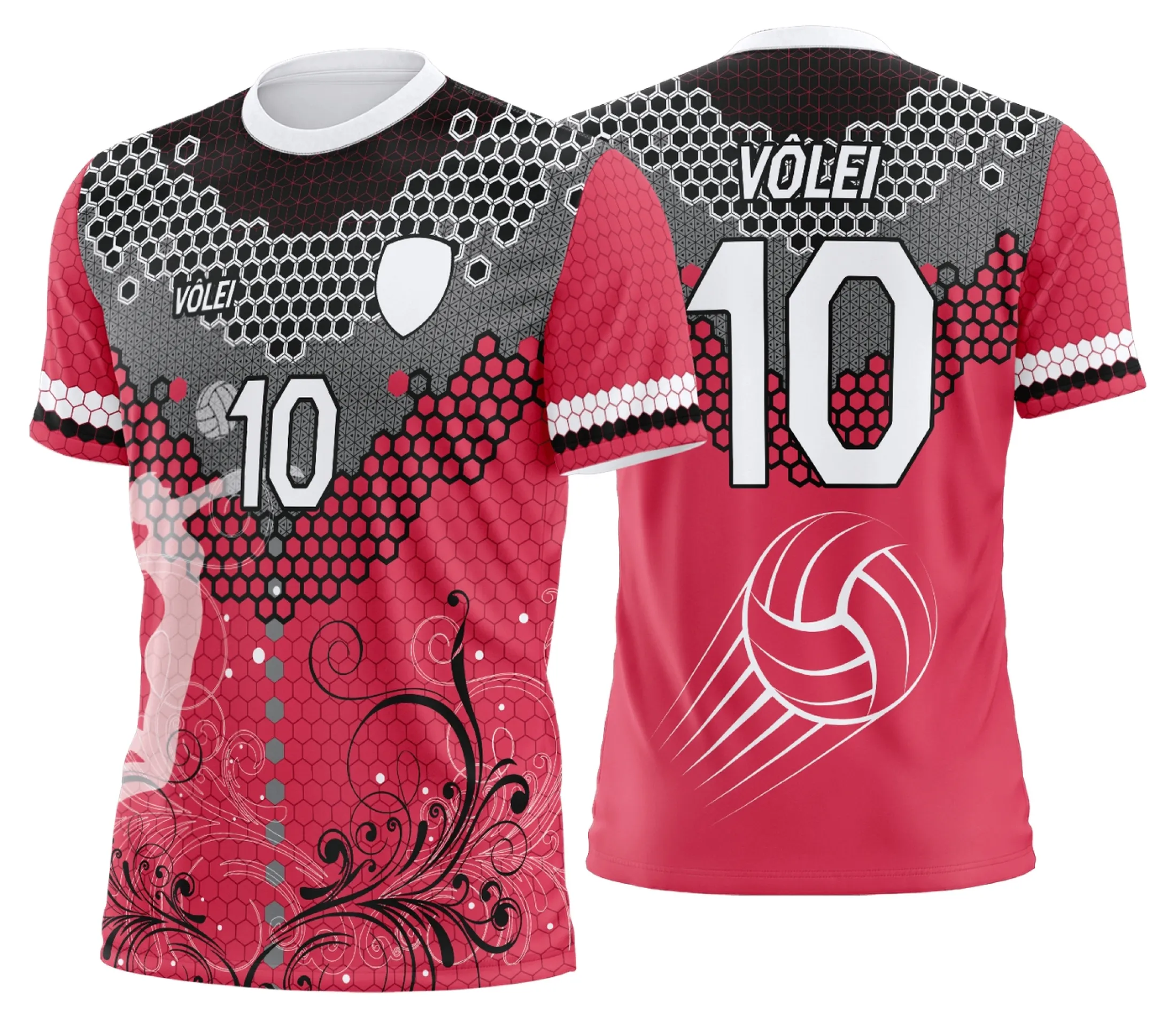 Camiseta unissex preta com logo no peito e estampa grande nas costas tema Uniforme de Vôlei Personalizado Profissional, design moderno e esportivo, perfeita para times que buscam estilo e identidade.