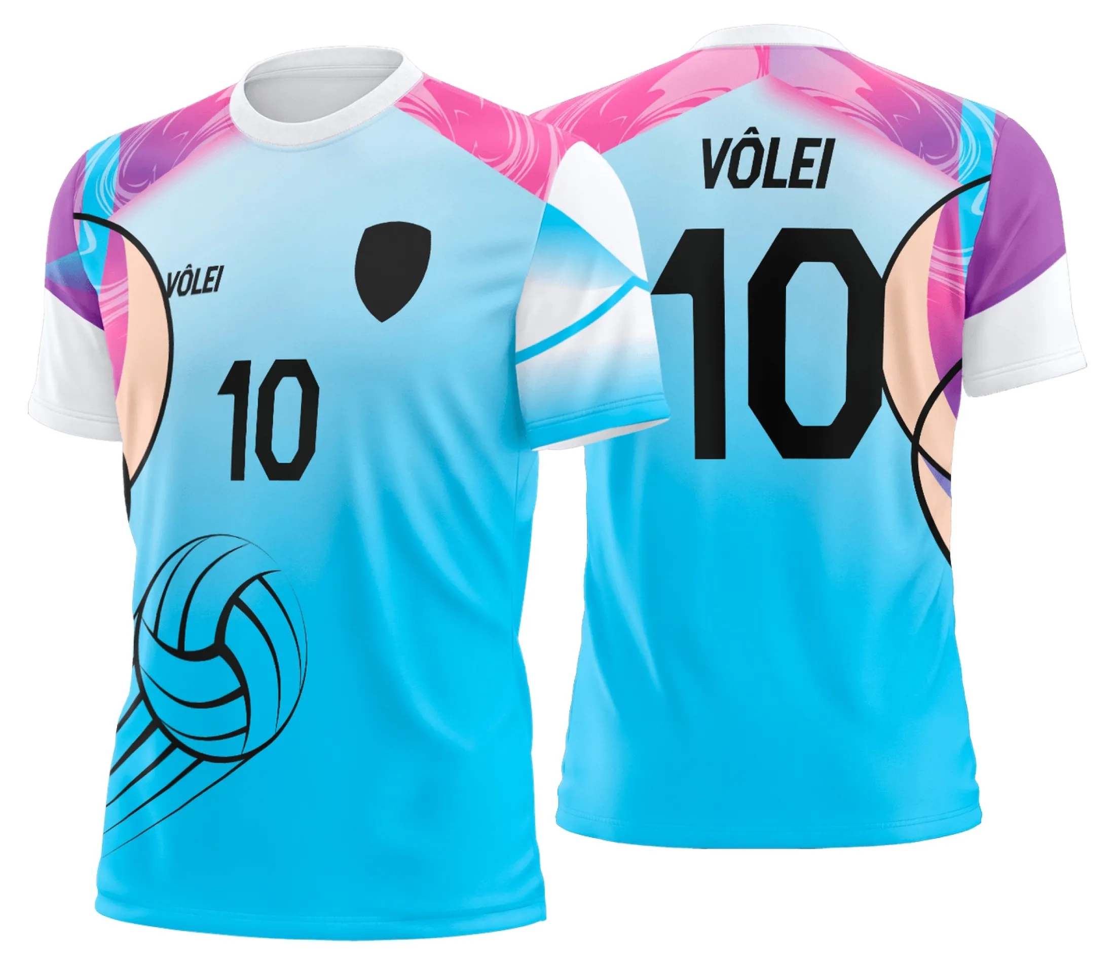Camiseta unissex preta com logo no peito e estampa grande nas costas personalizada para uniforme de vôlei profissional, ideal para jogos e treinos.