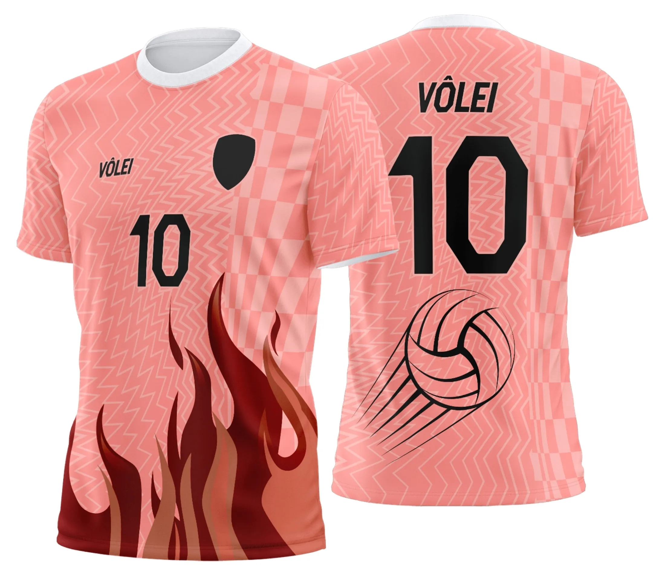 Camiseta unissex preta com logo no peito e estampa grande nas costas, exibindo uniforme personalizado profissional de vôlei, ideal para times e eventos esportivos.