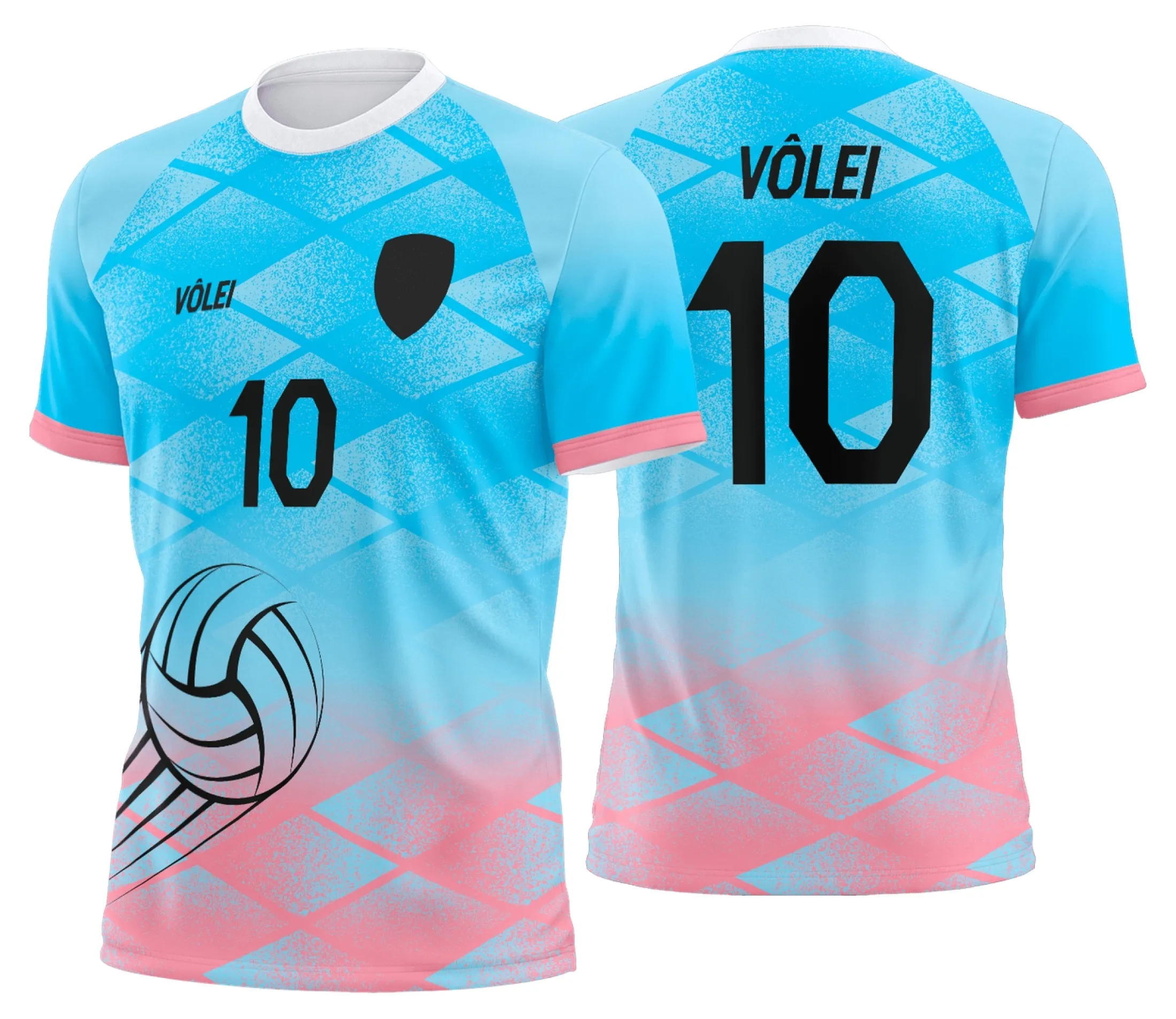 Camiseta unissex preta com logo no peito e estampa grande nas costas, tema uniforme personalizado profissional de vôlei, mostrando design moderno e esportivo