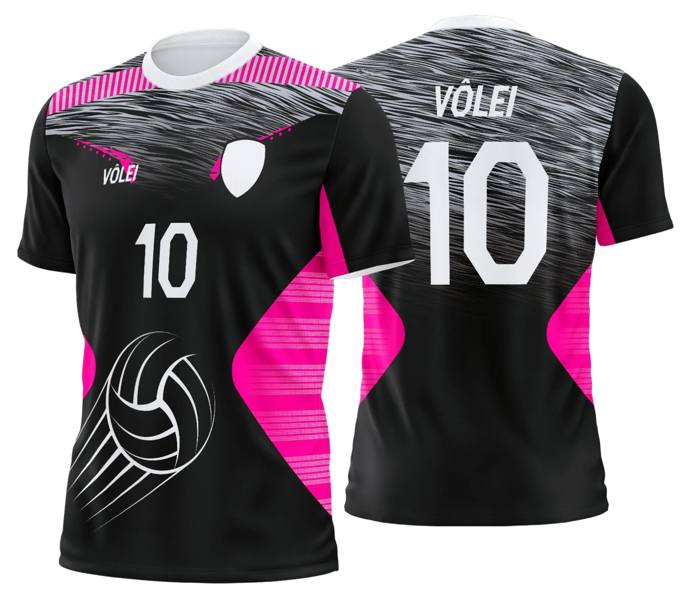 Camiseta unissex branca com logo no peito e estampa grande nas costas de uniforme de vôlei personalizado profissional, ideal para times e eventos esportivos.