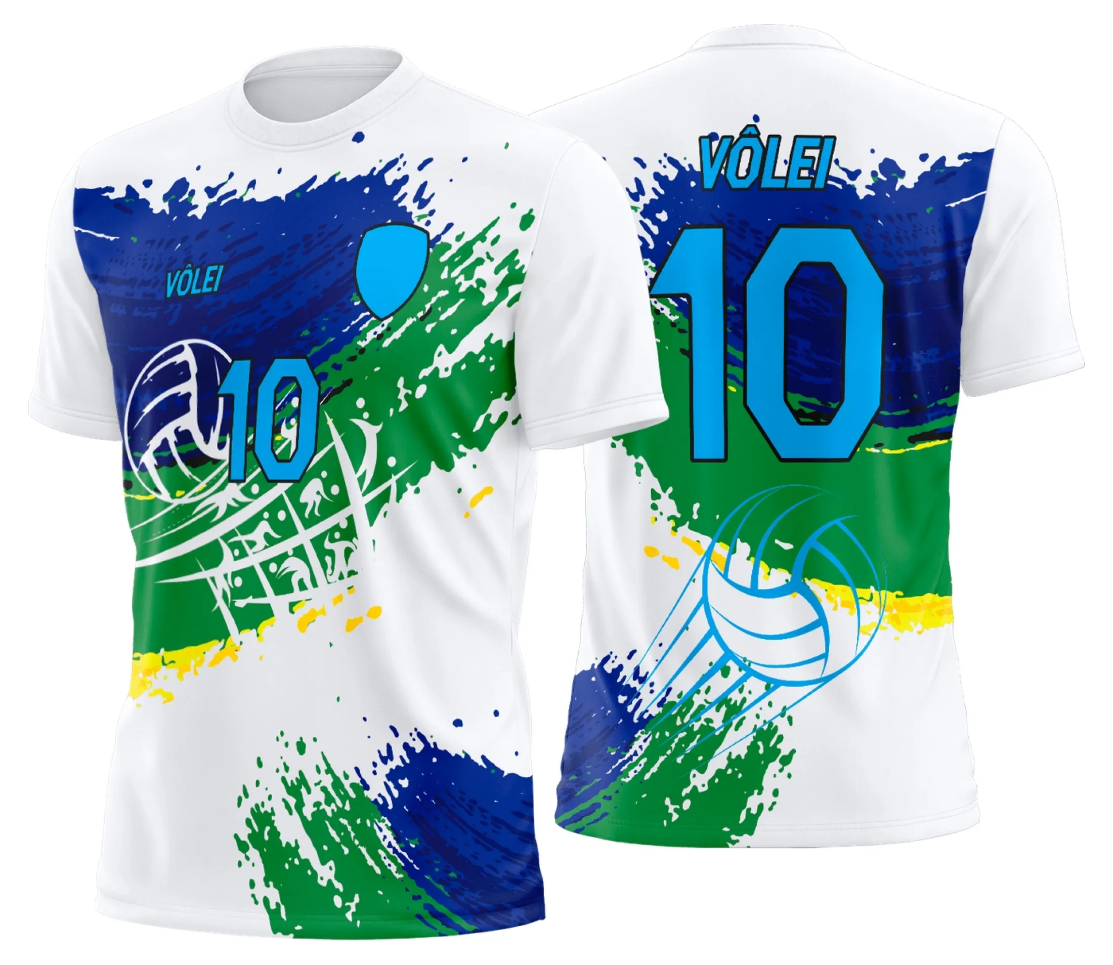 Camiseta unissex preta com logo no peito e estampa grande nas costas personalizada para uniforme de vôlei profissional, ideal para times que buscam estilo e funcionalidade.