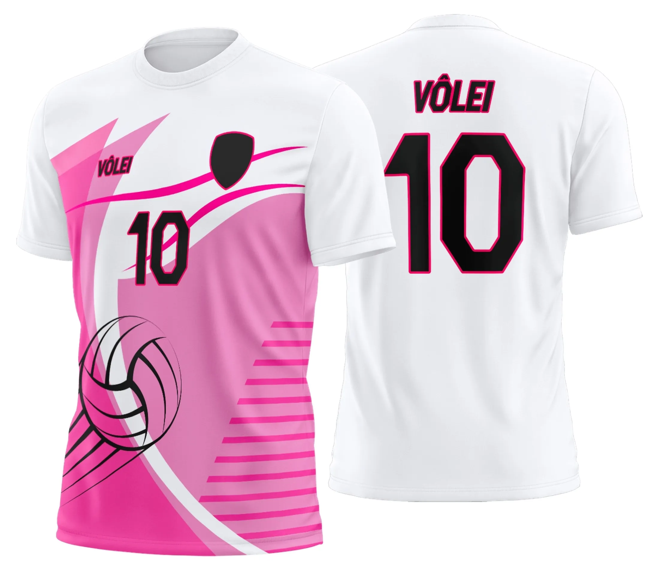 Camiseta unissex preta com logo no peito e estampa grande nas costas de uniforme personalizado profissional de vôlei, ideal para jogadores e equipes.
