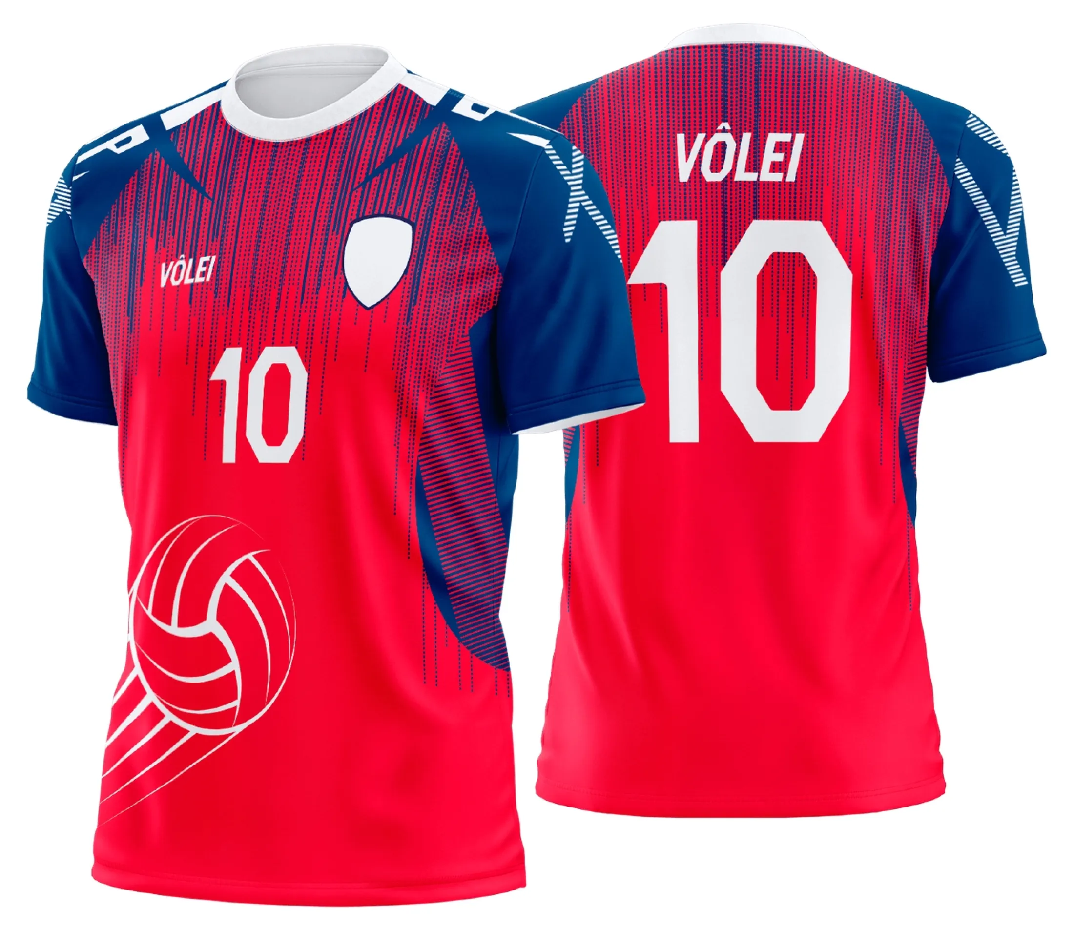 Camiseta unissex com cor base preta, com logo no peito e estampa grande nas costas mostrando design de uniforme personalizado para vôlei profissional.