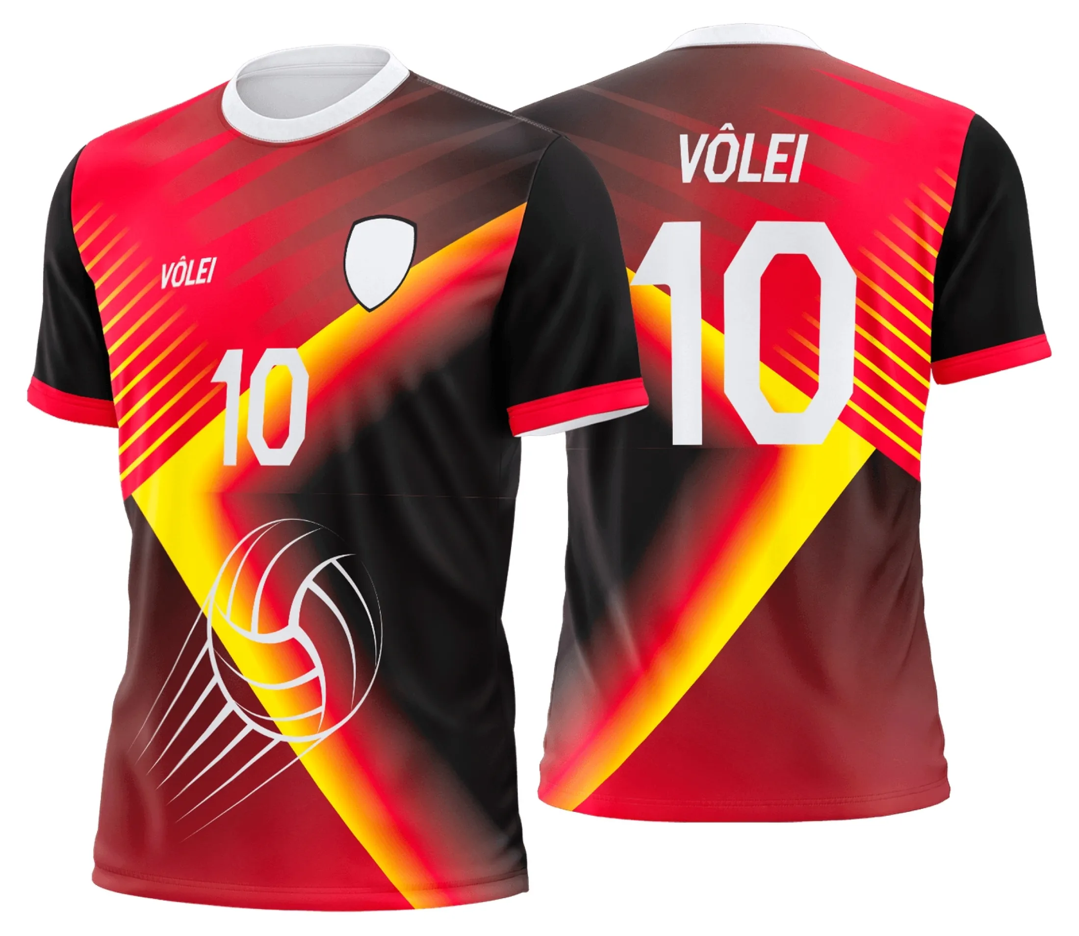 Camiseta unissex branca com logo no peito e estampa grande nas costas de uniforme personalizado profissional para vôlei, ideal para uso em jogos e treinos.