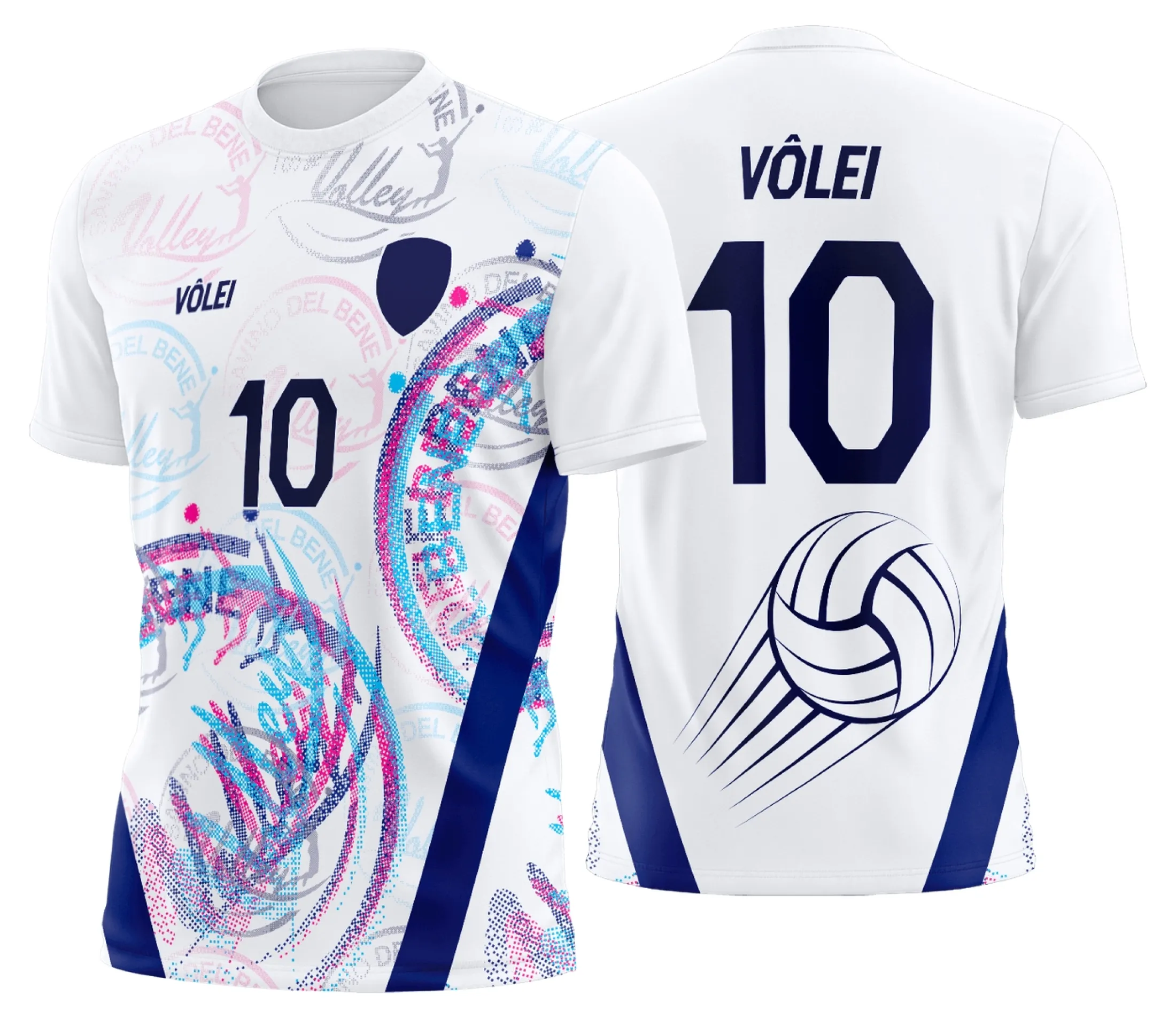 Camisa unissex branca com logo no peito e estampa grande nas costas com tema de uniforme personalizado profissional de vôlei, padrão moderno e esportivo.
